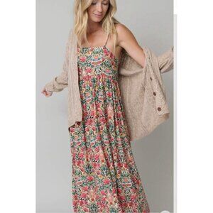 Natural Life Bailey Floral Maxi Dress Sz M Smocked Boho Cottagecore Sleeveless